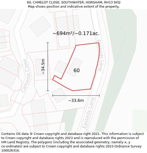 60, CAMELOT CLOSE, SOUTHWATER, HORSHAM, RH13 9XQ: Plot and title map