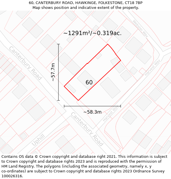 60, CANTERBURY ROAD, HAWKINGE, FOLKESTONE, CT18 7BP: Plot and title map