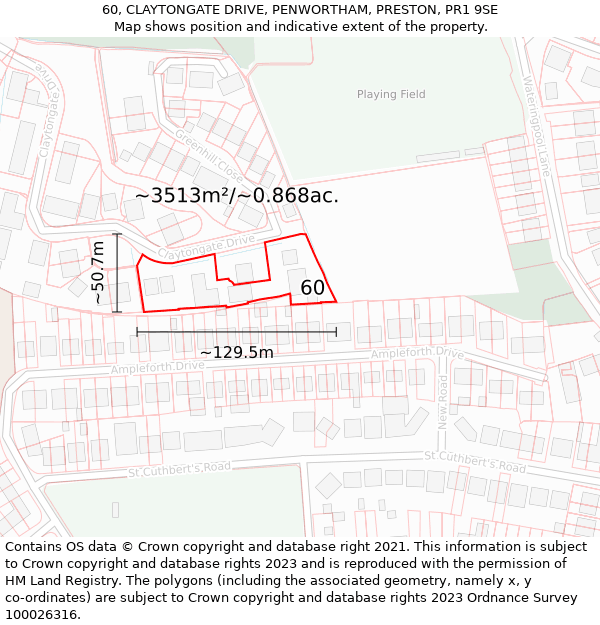 60, CLAYTONGATE DRIVE, PENWORTHAM, PRESTON, PR1 9SE: Plot and title map