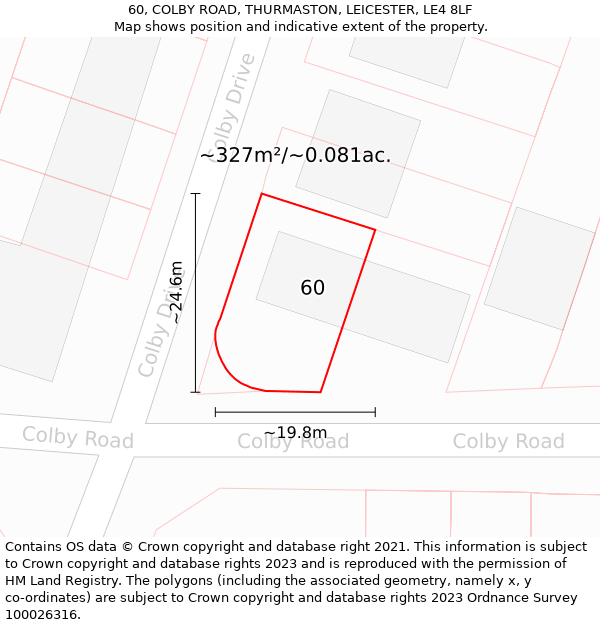 60, COLBY ROAD, THURMASTON, LEICESTER, LE4 8LF: Plot and title map