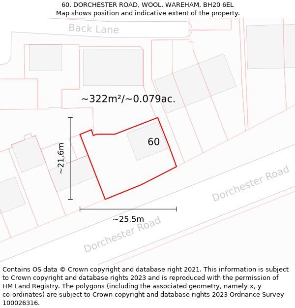 60, DORCHESTER ROAD, WOOL, WAREHAM, BH20 6EL: Plot and title map