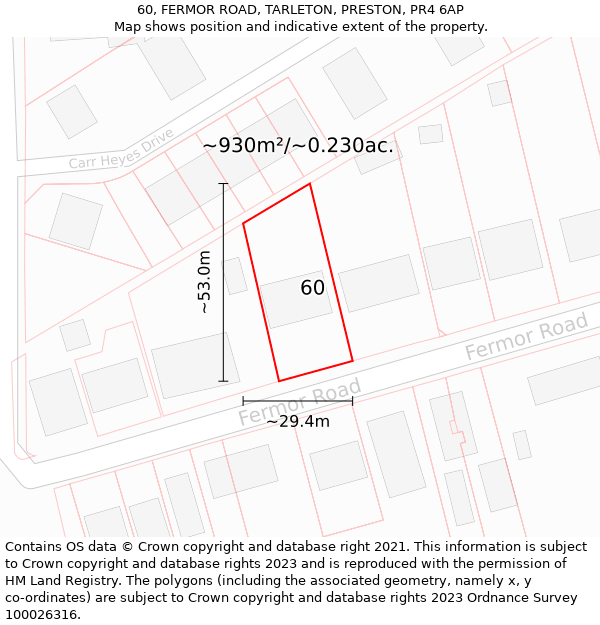 60, FERMOR ROAD, TARLETON, PRESTON, PR4 6AP: Plot and title map