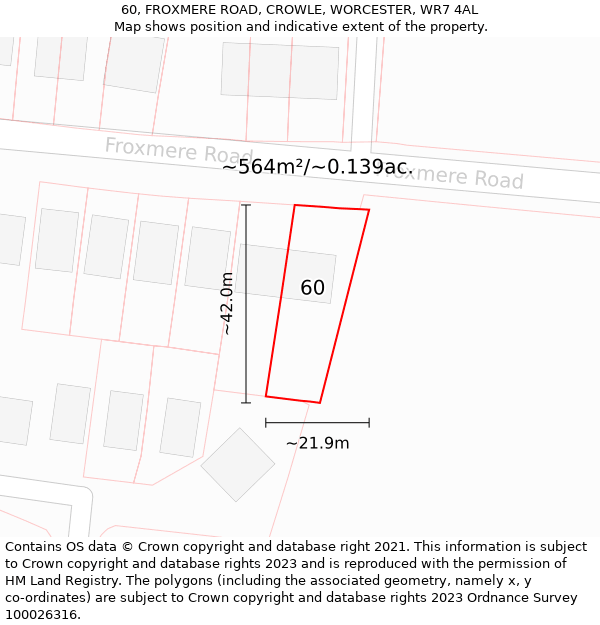 60, FROXMERE ROAD, CROWLE, WORCESTER, WR7 4AL: Plot and title map