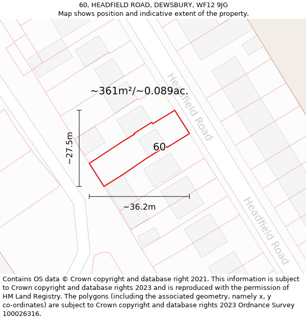 60, HEADFIELD ROAD, DEWSBURY, WF12 9JG: Plot and title map