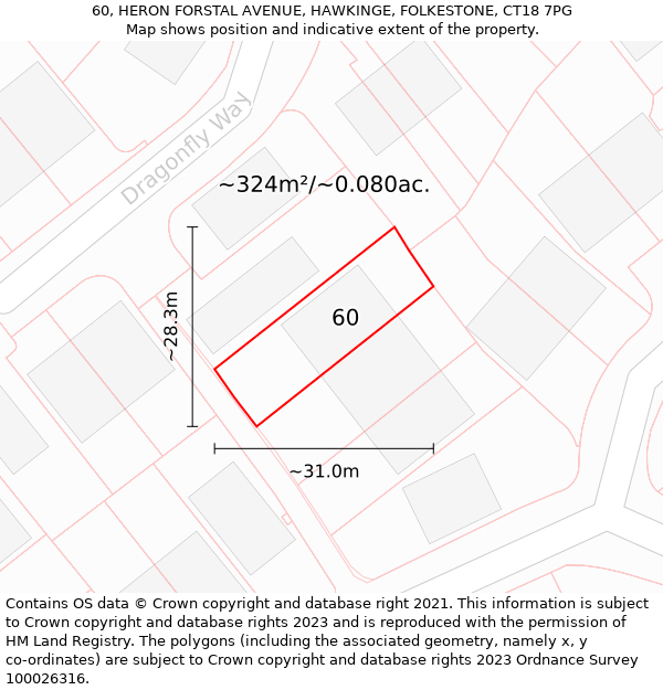 60, HERON FORSTAL AVENUE, HAWKINGE, FOLKESTONE, CT18 7PG: Plot and title map