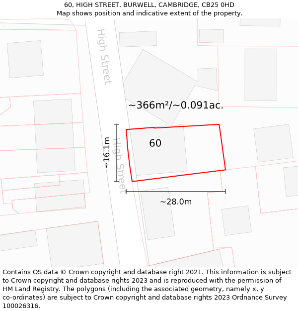 60, HIGH STREET, BURWELL, CAMBRIDGE, CB25 0HD: Plot and title map