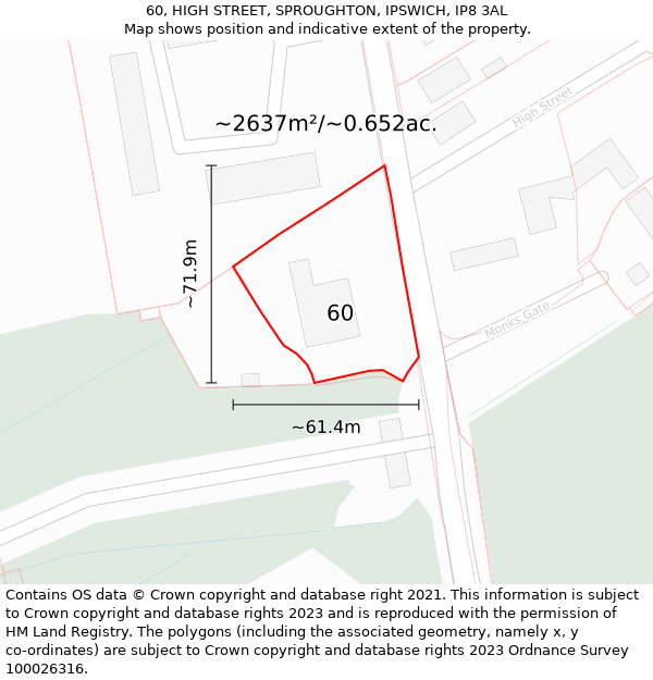 60, HIGH STREET, SPROUGHTON, IPSWICH, IP8 3AL: Plot and title map