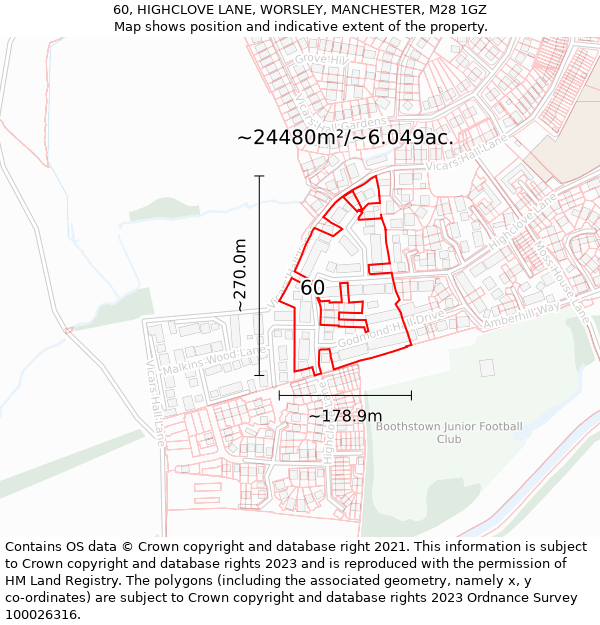 60, HIGHCLOVE LANE, WORSLEY, MANCHESTER, M28 1GZ: Plot and title map