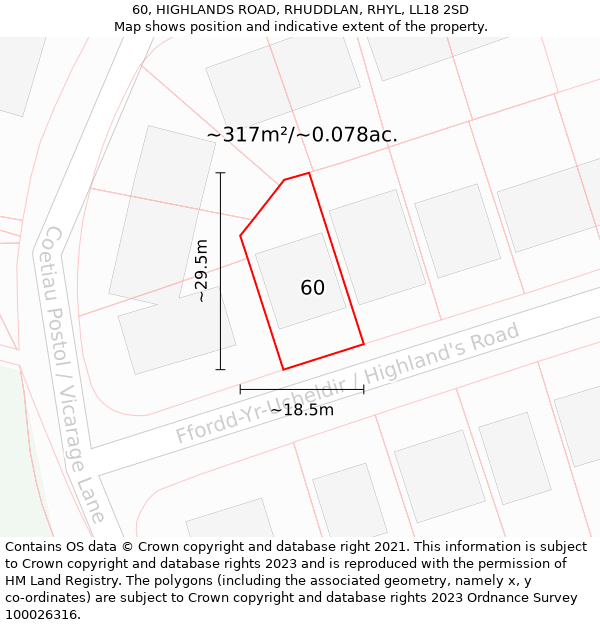 60, HIGHLANDS ROAD, RHUDDLAN, RHYL, LL18 2SD: Plot and title map