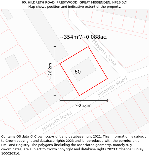 60, HILDRETH ROAD, PRESTWOOD, GREAT MISSENDEN, HP16 0LY: Plot and title map