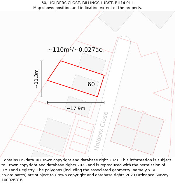 60, HOLDERS CLOSE, BILLINGSHURST, RH14 9HL: Plot and title map