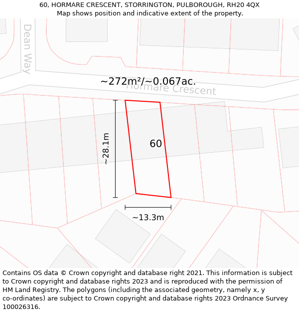 60, HORMARE CRESCENT, STORRINGTON, PULBOROUGH, RH20 4QX: Plot and title map