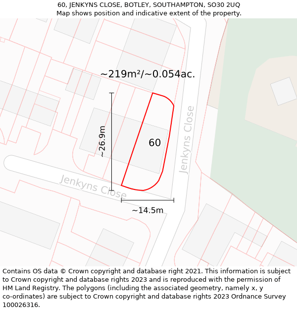 60, JENKYNS CLOSE, BOTLEY, SOUTHAMPTON, SO30 2UQ: Plot and title map