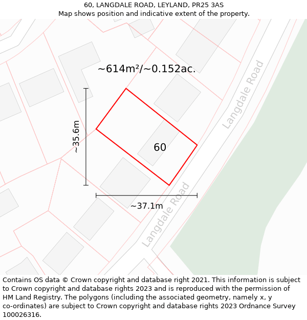 60, LANGDALE ROAD, LEYLAND, PR25 3AS: Plot and title map