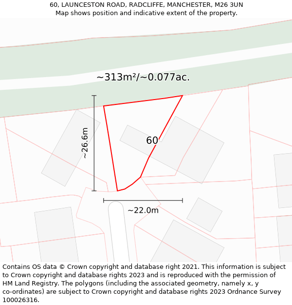 60, LAUNCESTON ROAD, RADCLIFFE, MANCHESTER, M26 3UN: Plot and title map