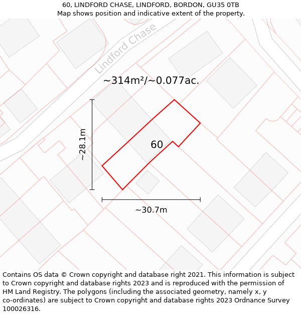 60, LINDFORD CHASE, LINDFORD, BORDON, GU35 0TB: Plot and title map