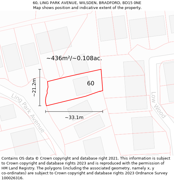 60, LING PARK AVENUE, WILSDEN, BRADFORD, BD15 0NE: Plot and title map