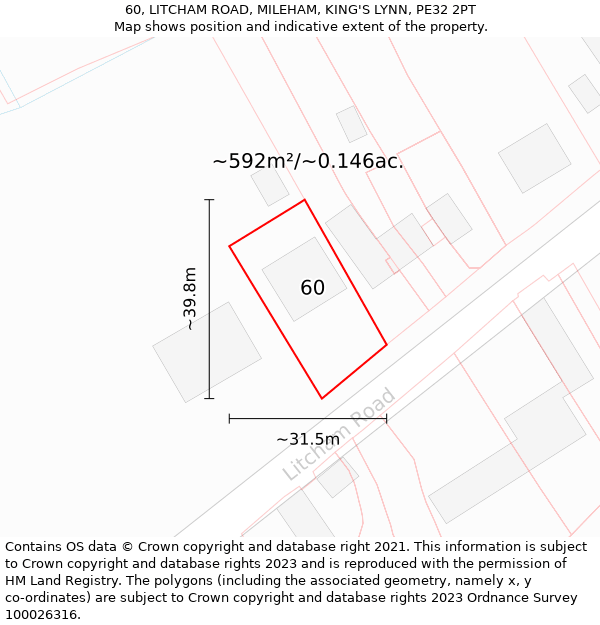 60, LITCHAM ROAD, MILEHAM, KING'S LYNN, PE32 2PT: Plot and title map