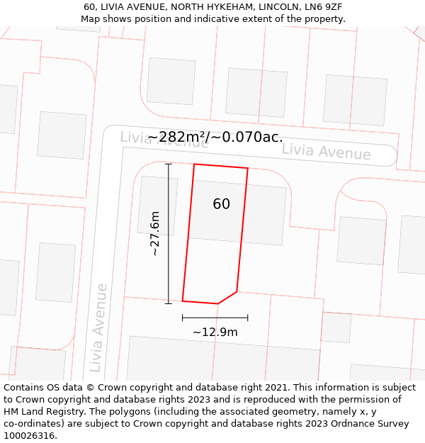 60, LIVIA AVENUE, NORTH HYKEHAM, LINCOLN, LN6 9ZF: Plot and title map