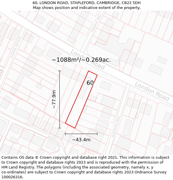 60, LONDON ROAD, STAPLEFORD, CAMBRIDGE, CB22 5DH: Plot and title map