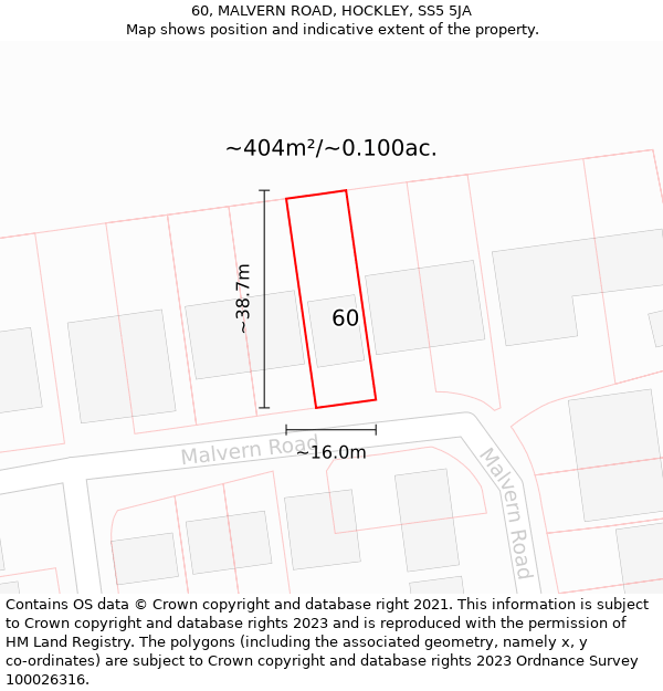 60, MALVERN ROAD, HOCKLEY, SS5 5JA: Plot and title map