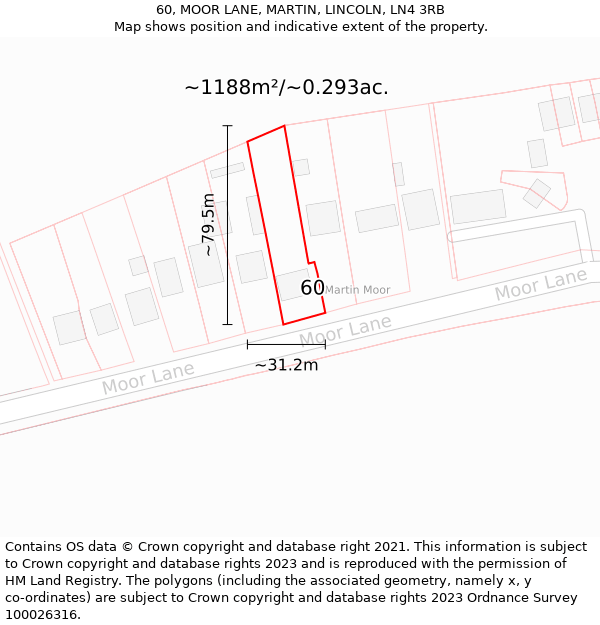 60, MOOR LANE, MARTIN, LINCOLN, LN4 3RB: Plot and title map