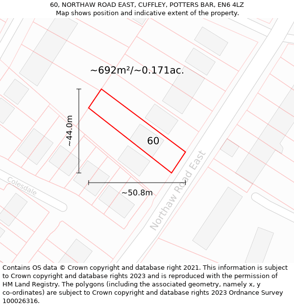 60, NORTHAW ROAD EAST, CUFFLEY, POTTERS BAR, EN6 4LZ: Plot and title map