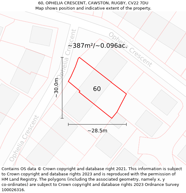 60, OPHELIA CRESCENT, CAWSTON, RUGBY, CV22 7DU: Plot and title map