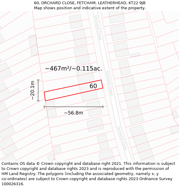 60, ORCHARD CLOSE, FETCHAM, LEATHERHEAD, KT22 9JB: Plot and title map