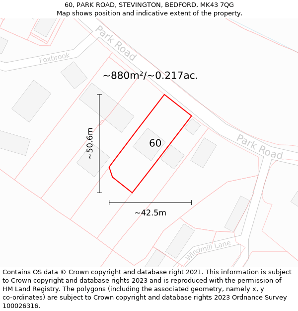 60, PARK ROAD, STEVINGTON, BEDFORD, MK43 7QG: Plot and title map