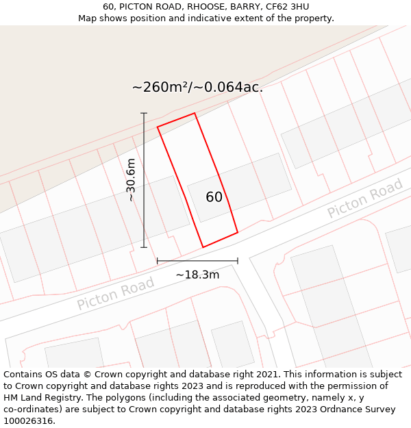 60, PICTON ROAD, RHOOSE, BARRY, CF62 3HU: Plot and title map