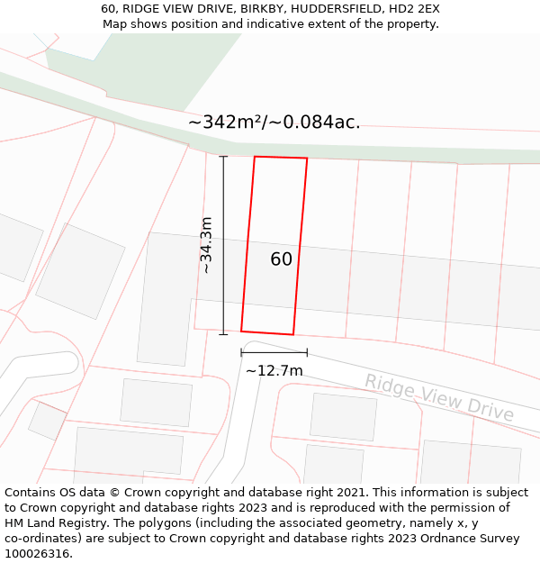 60, RIDGE VIEW DRIVE, BIRKBY, HUDDERSFIELD, HD2 2EX: Plot and title map