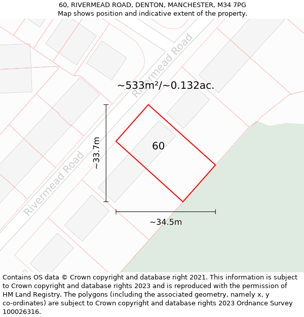 60, RIVERMEAD ROAD, DENTON, MANCHESTER, M34 7PG: Plot and title map