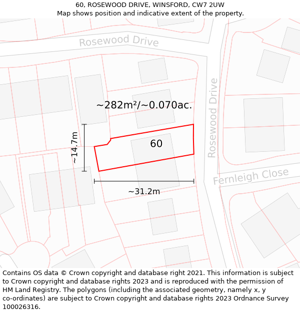 60, ROSEWOOD DRIVE, WINSFORD, CW7 2UW: Plot and title map