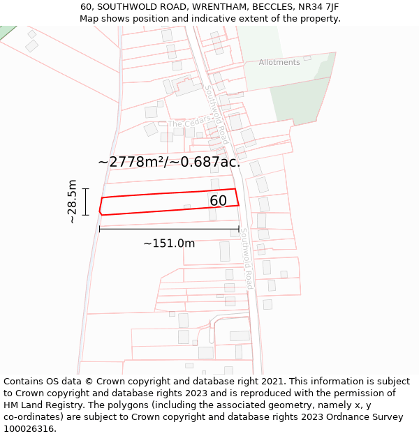 60, SOUTHWOLD ROAD, WRENTHAM, BECCLES, NR34 7JF: Plot and title map