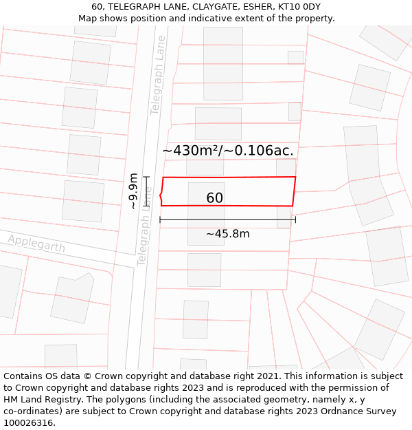 60, TELEGRAPH LANE, CLAYGATE, ESHER, KT10 0DY: Plot and title map