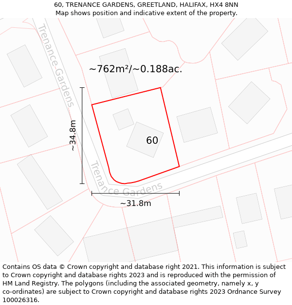 60, TRENANCE GARDENS, GREETLAND, HALIFAX, HX4 8NN: Plot and title map