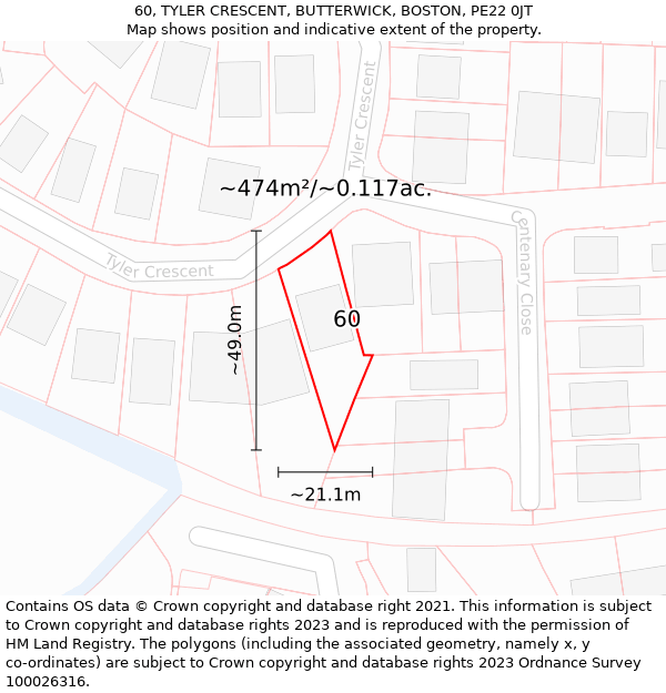 60, TYLER CRESCENT, BUTTERWICK, BOSTON, PE22 0JT: Plot and title map