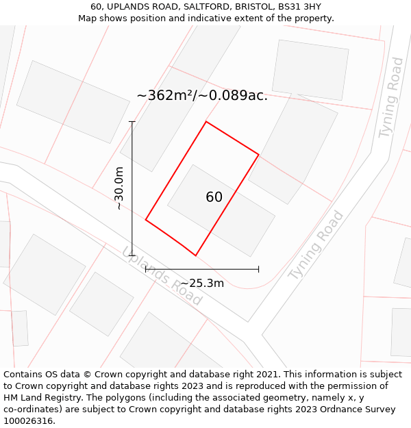 60, UPLANDS ROAD, SALTFORD, BRISTOL, BS31 3HY: Plot and title map