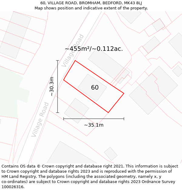 60, VILLAGE ROAD, BROMHAM, BEDFORD, MK43 8LJ: Plot and title map