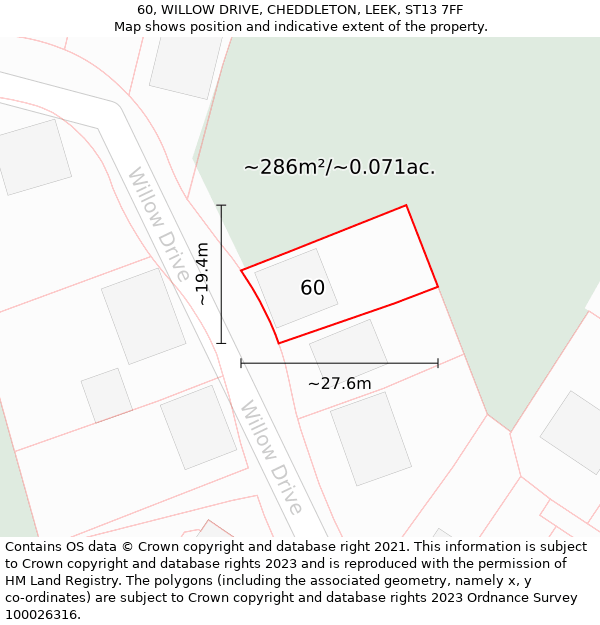 60, WILLOW DRIVE, CHEDDLETON, LEEK, ST13 7FF: Plot and title map