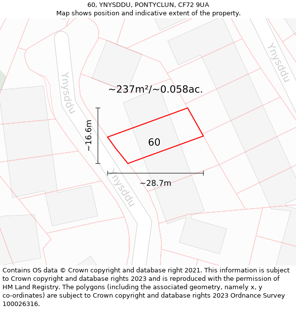 60, YNYSDDU, PONTYCLUN, CF72 9UA: Plot and title map