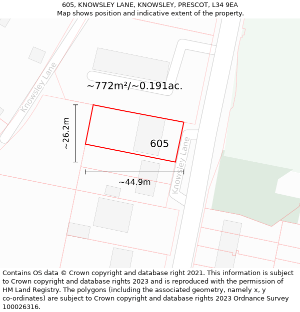 605, KNOWSLEY LANE, KNOWSLEY, PRESCOT, L34 9EA: Plot and title map