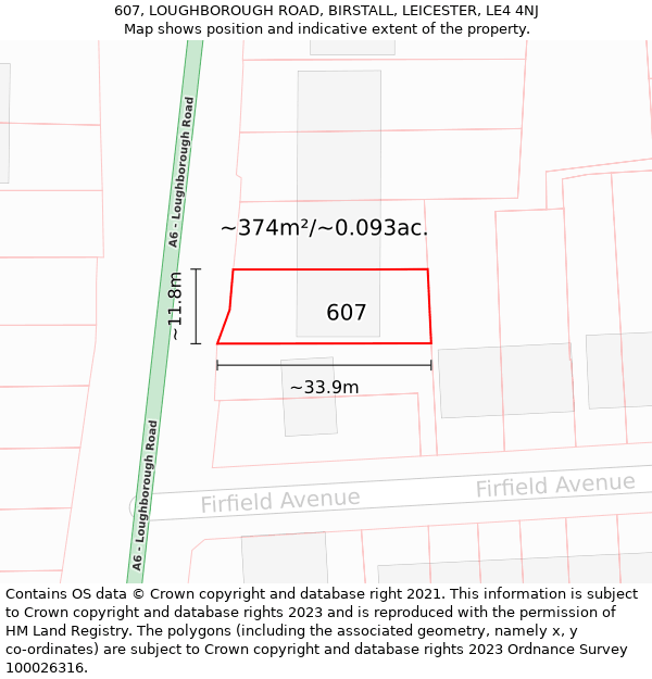 607, LOUGHBOROUGH ROAD, BIRSTALL, LEICESTER, LE4 4NJ: Plot and title map