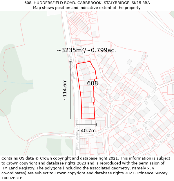 608, HUDDERSFIELD ROAD, CARRBROOK, STALYBRIDGE, SK15 3RA: Plot and title map