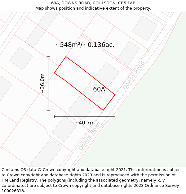 60A, DOWNS ROAD, COULSDON, CR5 1AB: Plot and title map
