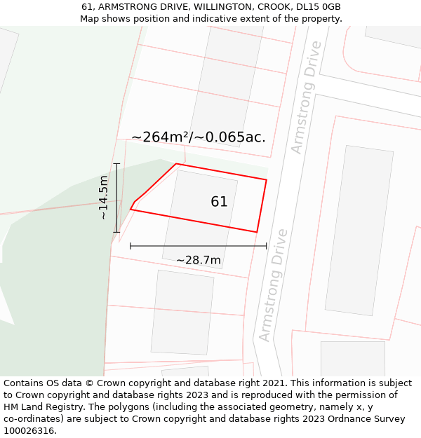 61, ARMSTRONG DRIVE, WILLINGTON, CROOK, DL15 0GB: Plot and title map