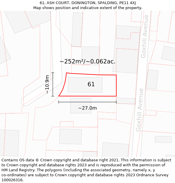 61, ASH COURT, DONINGTON, SPALDING, PE11 4XJ: Plot and title map