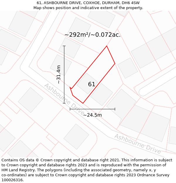 61, ASHBOURNE DRIVE, COXHOE, DURHAM, DH6 4SW: Plot and title map