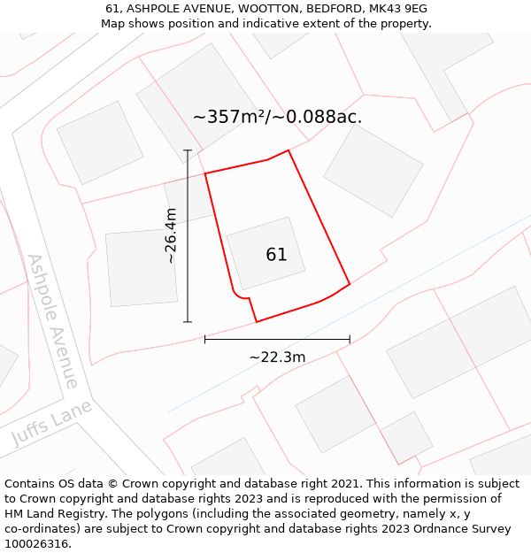 61, ASHPOLE AVENUE, WOOTTON, BEDFORD, MK43 9EG: Plot and title map